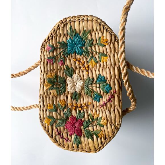 Vintage Straw Basket Top Handle Bag with Colorful Florals - Picture 3 of 16